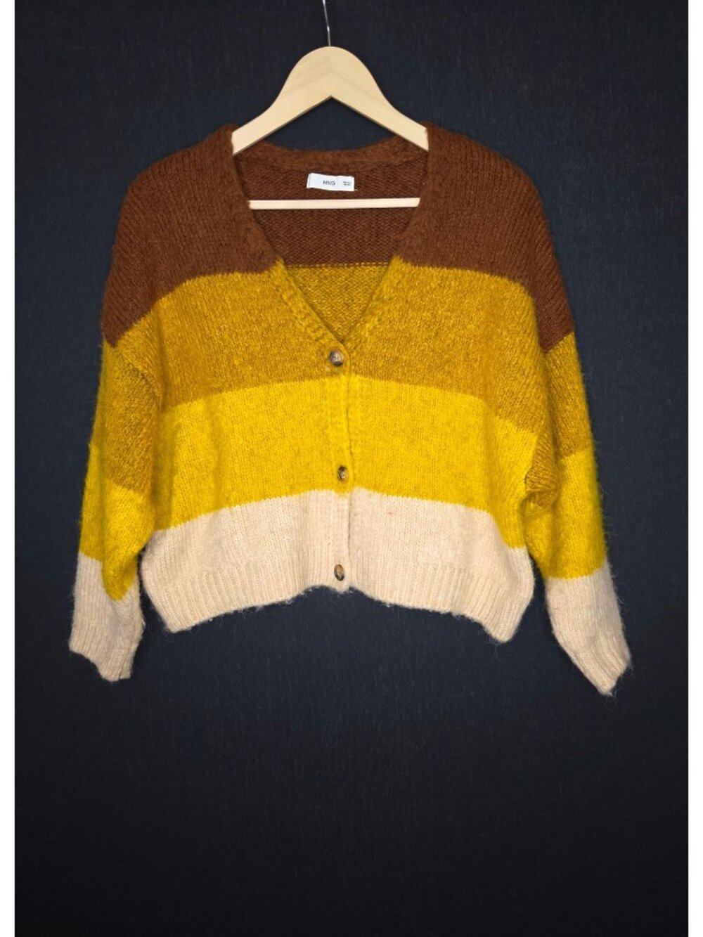 💙 MNG Mango Colorblock Fuzzy Knit Oversized Cardigan Size S/M Brown Mustard
